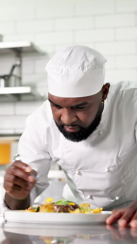 Chef, man and food presentation with herbs in kitchen for fine dining, culinary Stock Footage 327182047