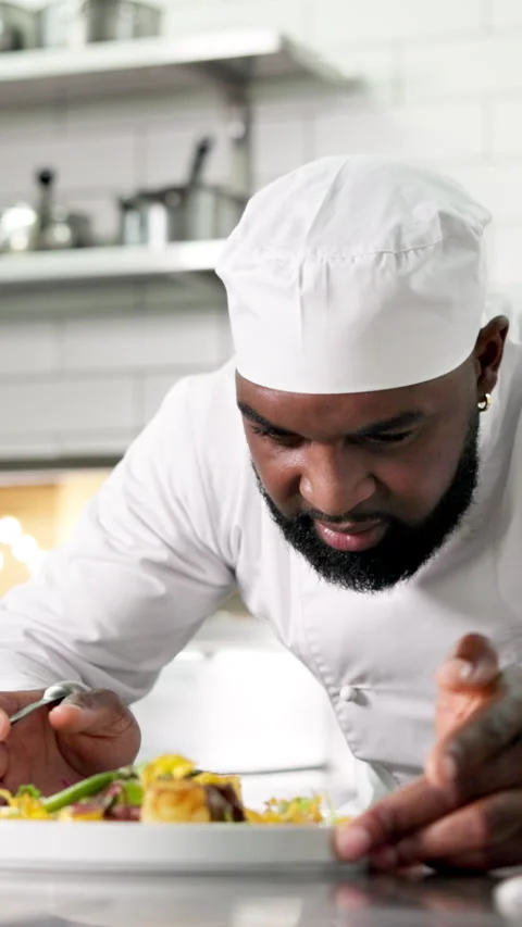 Chef, man and plate presentation with herbs in kitchen for fine dining, culinary Stock Footage 327291293