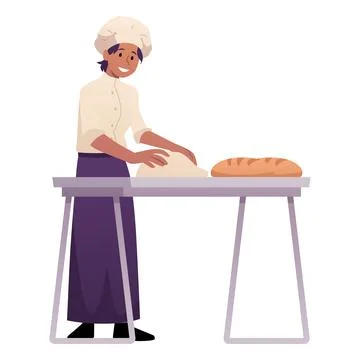 Chef, man, kneading dough on kitchen table, bakery products nearby. Stock Illustration