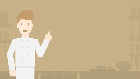 Chef man presentation on kitchen light brown color background Stock Footage 91721212