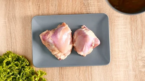 Chef marinated chicken meat sauce Stock Footage 79571227