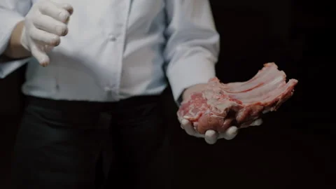 The chef marinated a piece of meat, grilled beef ribs, a steak Stock Footage 150400466