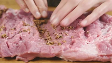 The chef marinating piece of pork neck. Stock Footage 171186439