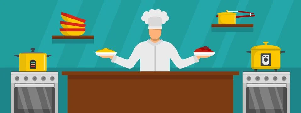 Chef master cooking banner horizontal, flat style Stock Illustration