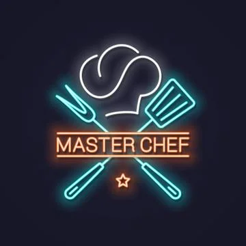 Chef master neon with chef hat neon banner background Stock Illustration
