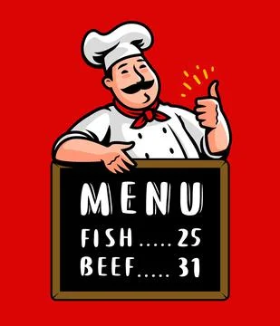 Chef with menu board for restaurant design in cartoon style. Food concept vector Stock Illustration
