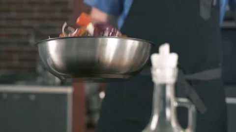 Chef Mixed Vegetables In Frying Pan. Cooking Delicious Food Restaurant Kitchen. Stock-Footage 142807917