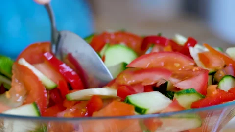 Chef Mixes Vegetable Fresh Salad Food Healthy Meal Mediterranean Kitchen Vege Stock Footage 151246813