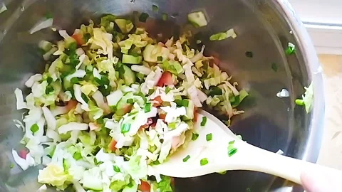 Chef Mixes Vegetable Fresh Salad Food Healthy Meal Mediterranean Kitchen Vegetar Stock Footage 159176260