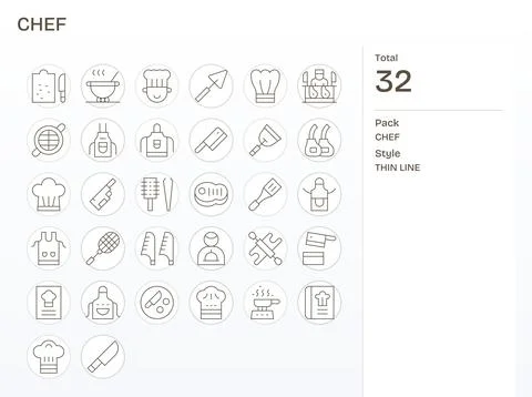Chef Modern Vector Collection with 32 Thin Line 256x256 Editable Icons Stock Illustration
