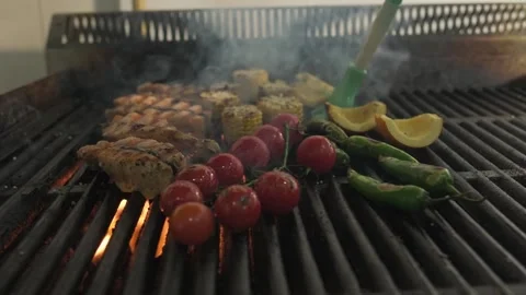Chef oiling grilled fish, tomatoes and vegetables Stock Footage 263099852