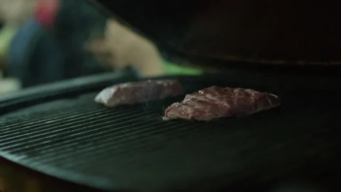 Chef Opening Barbeque Equipment and Frying Meat Stock Footage 144652434