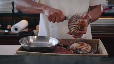 Chef opening fresh scallops shells 4K video Stock Footage 317420466
