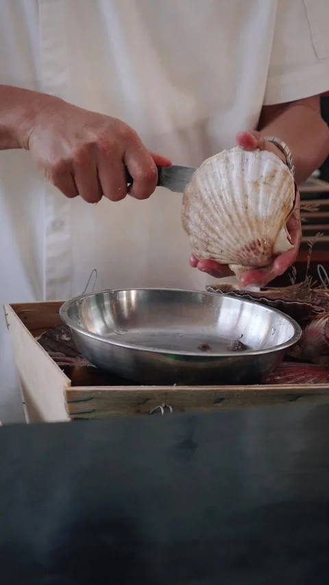 Chef opening fresh scallops shells 4K vertical video Stock Footage 317420474