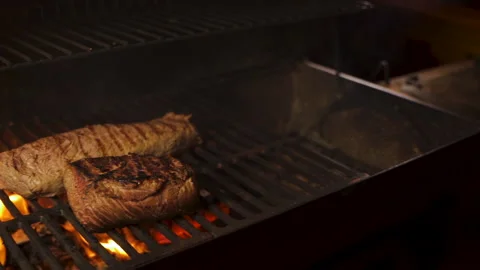 Chef opens BBQ Smoker where steaks pork beef meat cooked. Slow motion Close up Vidéo 138600083