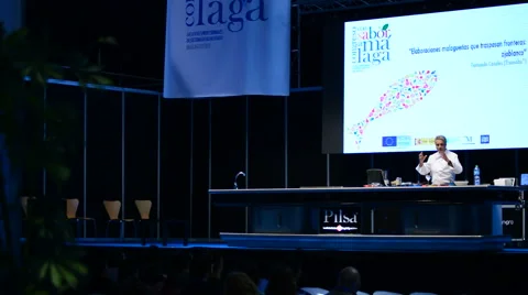 Chef or cook explaining cooking class at a cooking show Stock Footage 48556248