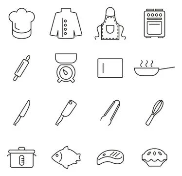Chef or Cook Tools &amp; Equipment Icons Thin Line Vector Illustration Set Illustrazione stock
