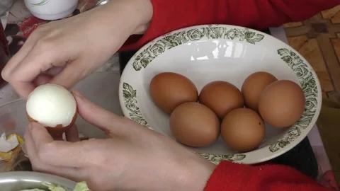 The chef peels chicken eggs Stock Footage 172359673