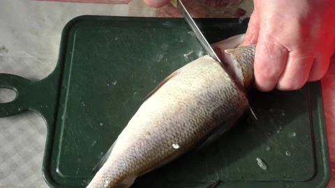 The chef peels raw fish Stock Footage 160947960