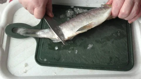 The chef peels raw fish with a knife Stock Footage 164352092