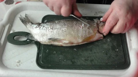 The chef peels raw fish with a knife Stock Footage 164355213