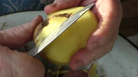 The chef peels raw potatoes with a knife Stock Footage 166333954