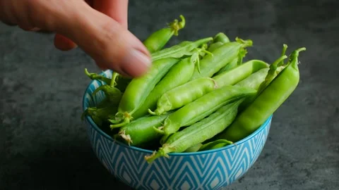 Chef picking fresh green peas from bowl Stock Footage 313643256