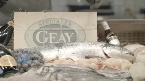 Chef Picking Fresh Salmon From Ice Display At The Seafood Restaurant Next To Video stock 113396243