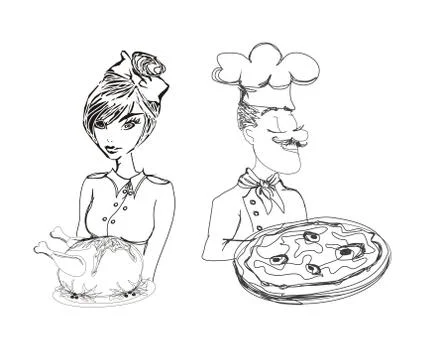 Chef with pizza and Waitress serving a chicken Stock Illustration
