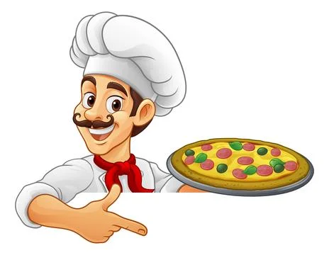 Chef Pizza Cook Serving Plate Cartoon Man Pointing Stock Illustration