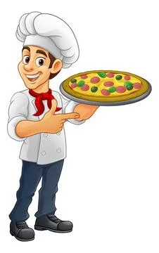 Chef Pizza Cook Serving Plate Cartoon Man Pointing Stock Illustration