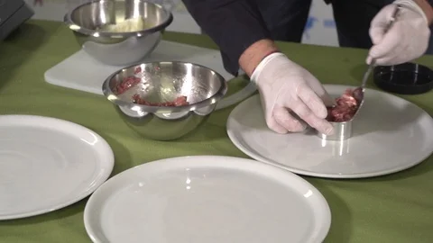 Chef plating beef tartar  Stock Footage 101634928