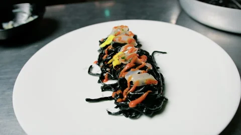 Chef Plating The First Course Italian Spaghetti At Black Cuttlefish Ink Stock Footage 278984241