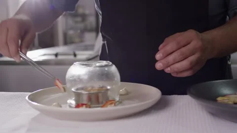 Chef Plating Gourmet Dish Under Smoke Filled Glass Dome, Fine Dining Restaurant Stock-Footage 341422010