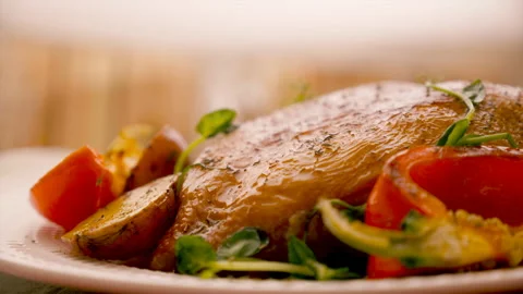 Chef Plating Grilled Chicken Breast with Sauce Stock Footage 143117078