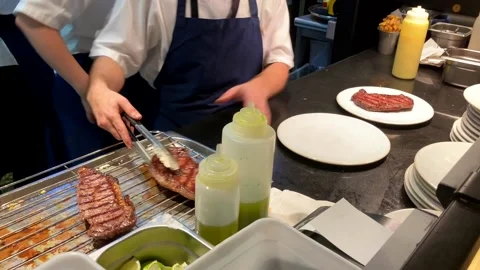 Chef Plating Grilled Steak In A Professional Restaurant Kitchen Stock-Footage 219694595