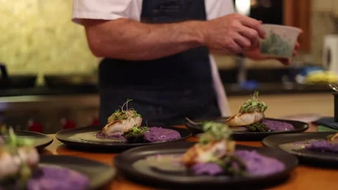 Chef Plating Main Entree With Microgreens; Gourmet Cooking. Stock Footage 278021787