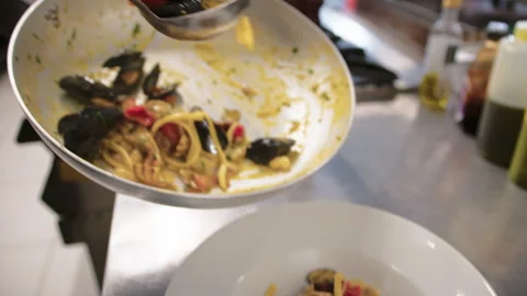 Chef Plating The Seafood Spaghetti Dish Stock Footage 282573935
