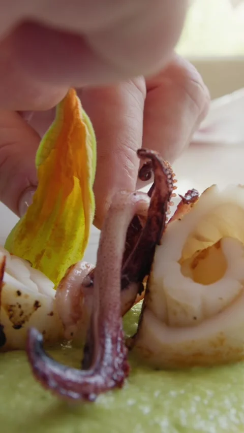 Chef Is Plating A Second Course Of Fish Food On A Green Sauce Base Stock Footage 292095985