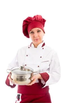 Chef with pot in her hands Stock Photos