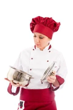 Chef with pot in her hands Stock Photos