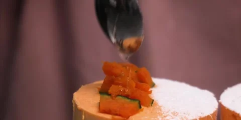 Chef Pouring Clear Glaze Syrup Over Pumpkin Dessert Topping Stock Footage 343589057
