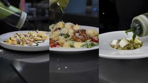 Chef pouring sauce on ready meals. collage, multi-screen. Restaurant food Stock Footage 314281303