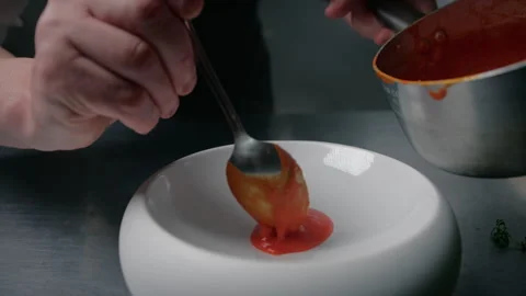 Chef Pouring Tomato Sauce For Plating Stock Footage 286019712