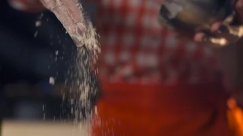 The chef pours the flour for the dough. Slow motion Stock Footage 74356519