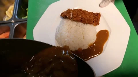The chef pours the sauce over the rice to complete the tonkatsu Stock Footage 172050137