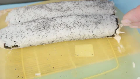 Chef prepared sushi rolls sprinkle with poppy seeds. Video stock 130631020