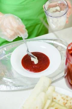 Chef prepares beet soup with beetroot sauce from cauliflower Stock Photos