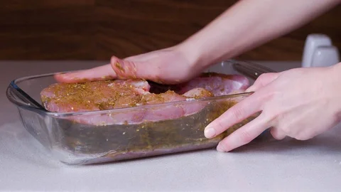 Chef prepares of big piece of fish. Close up shot of the chef's hands Stock Footage 104336363