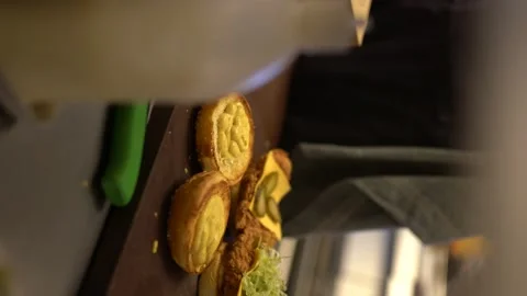 Chef prepares cheese burger - Vertical - 4k Video stock 196200375